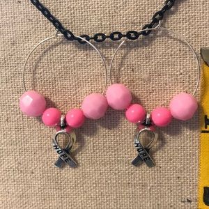 Breast Cancer Awareness Hoops- Beaded with Ribbon Charm